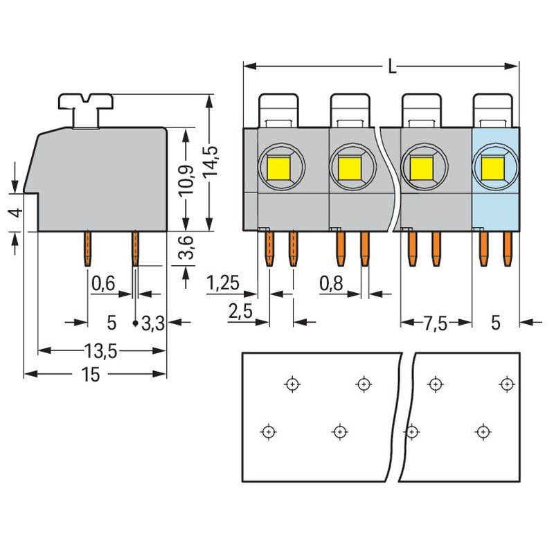 WAGO - Leiterplattenklemme 804-303 Drücker,2,5 mm²,grau − 55 Stück