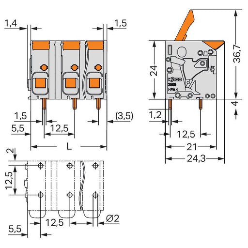 WAGO - Leiterplattenklemme Hebel 2606-1361 6mm²,grau − 15 Stück