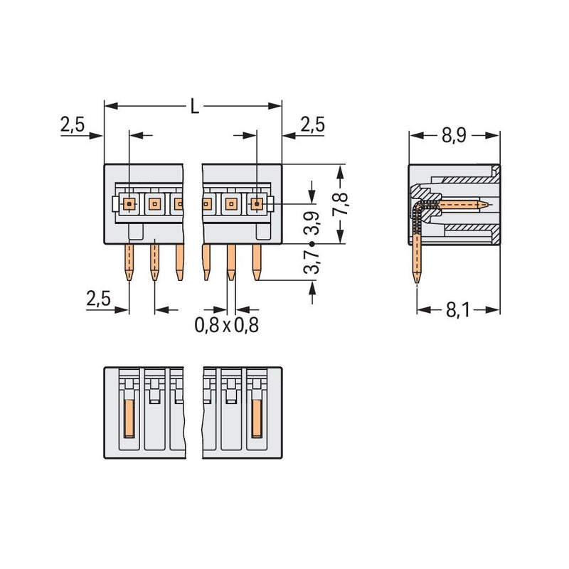 WAGO - Leiterplattensteckverbinder Leiterplattenklemme 733-362 Lötstift,2,5mm, 2p − 200 Stück