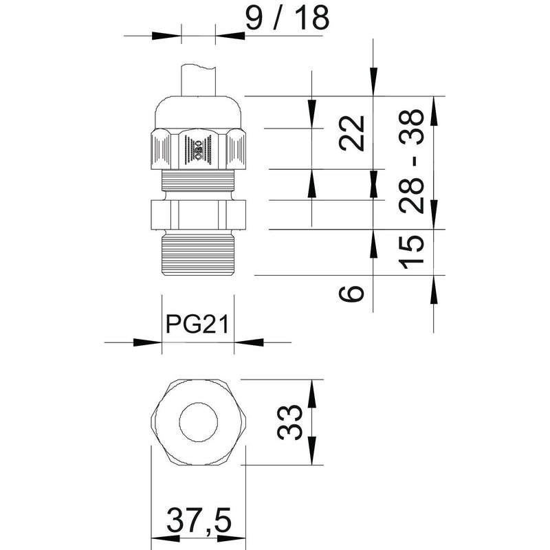 OBO Bettermann - Kabelverschraubung V-TEC L PG21 SGR mit langem Anschluss − 25 Stück