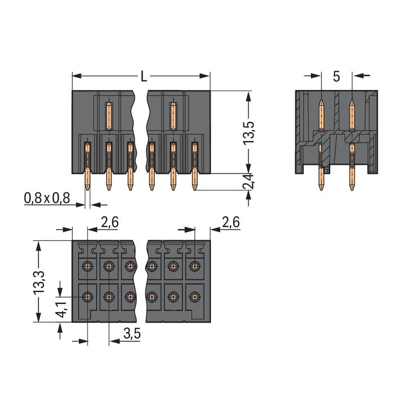 WAGO - Leiterplattensteckverbinder THR-Stiftleiste 2-reihig 713-1413/105-000 0,8x0,8,gerade,sw − 25 Stück