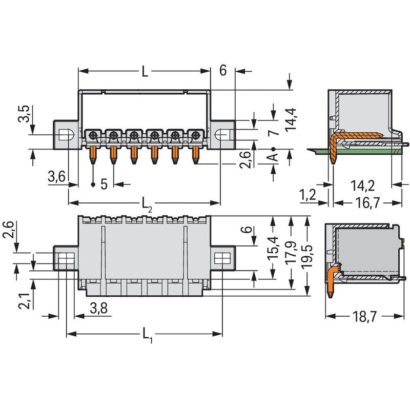 WAGO - Leiterplattensteckverbinder THT-Stiftleiste Lötstift 2092-1422/005-000 1,4mm,abgew.,llgr − 200 Stück