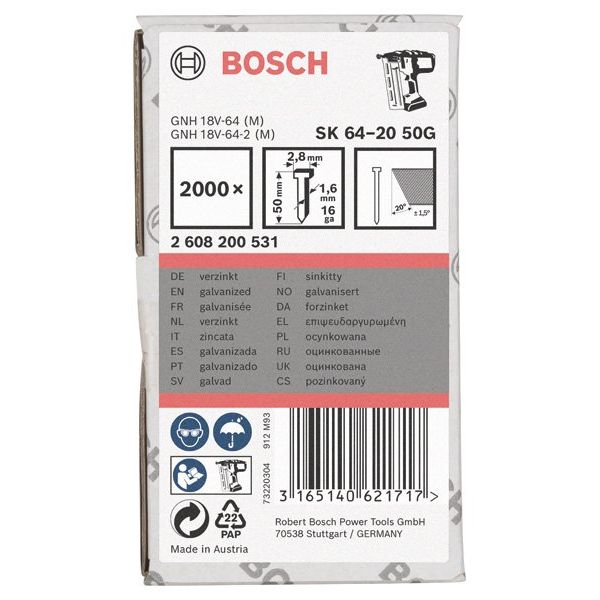 Bosch - Nagel für Nagelgerät Senkkopf-Stift SK64 20G, 2608200531 50 mm verzinkt 2000