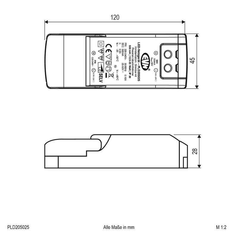 EVN Lichttechnik - LED-Betriebsgerät LED-Netzgerät PLD205025 500mA 12,5-25W IP20