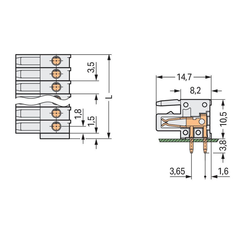 WAGO - Leiterplattensteckverbinder THT-Federleiste abgewink. 734-535 3,5mm,lichtgrau − 100 Stück