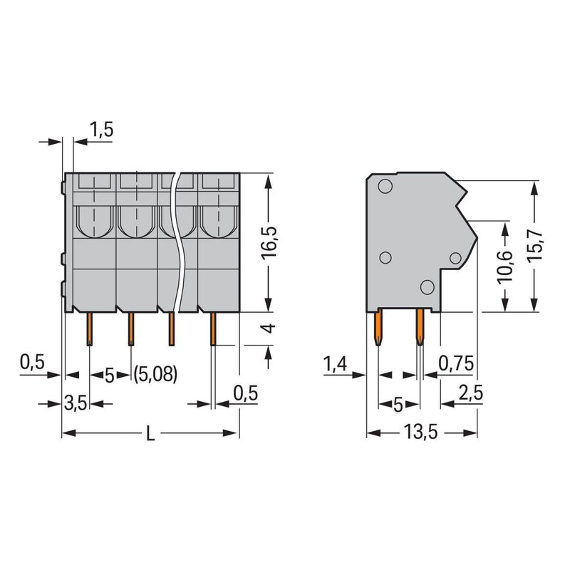 WAGO - Leiterplattenklemme 2-Leiter-Leiterplattenkle. 254-153 0,75mm² − 70 Stück