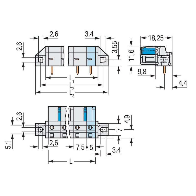 WAGO - Leiterplattensteckverbinder THT-Federleiste abgewink. 722-840/031-000 7,5mm,lichtgrau − 25 Stück