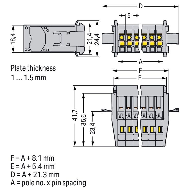 WAGO - Ein- und mehrpolige Klemmenleiste 1-Leiter-Stiftleiste 769-606/005-000 CAGECLAMP,4mm²,gr − 25 Stück