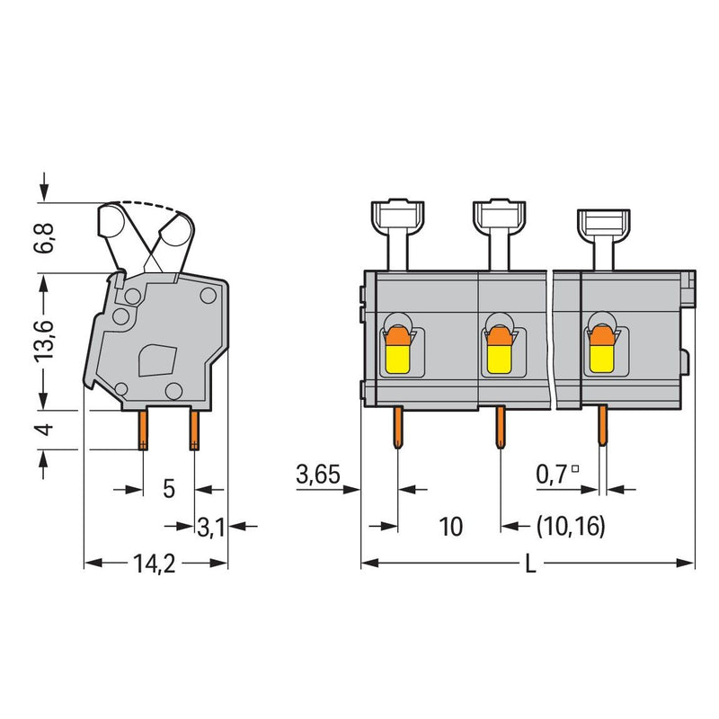 WAGO - Leiterplattenklemme 257-604 Drücker,2,5 mm²,grau − 25 Stück