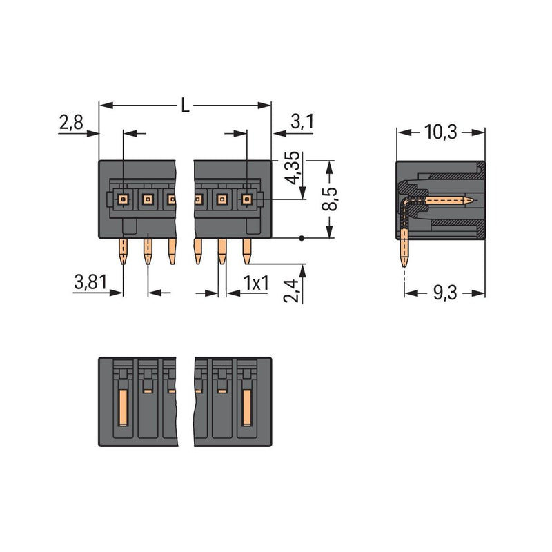 WAGO - Leiterplattensteckverbinder THR-Stiftleiste Lötstift 734-264/105-604/997- 1,0x1,0,abgew.,sw − 280 Stück