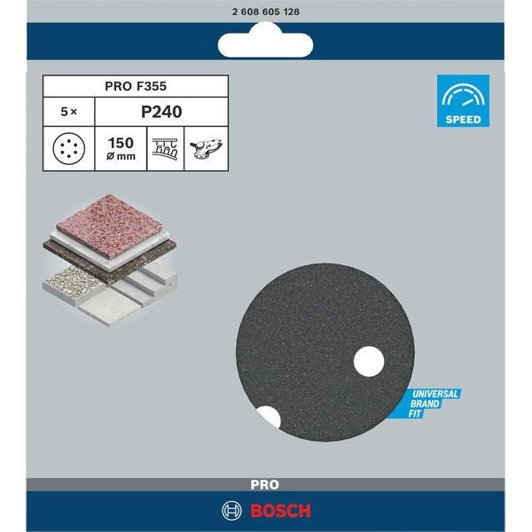 Bosch - Schleifpapier/Schleifvlies PRO F355 Schleifblatt, 150 2608605128 mm, G240, 5-tlg