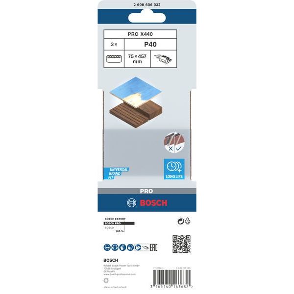 Bosch - Schleifpapier/Schleifvlies PRO X440 Schleifband, 75 x 2608606032 457 mm, G40, 3-tlg
