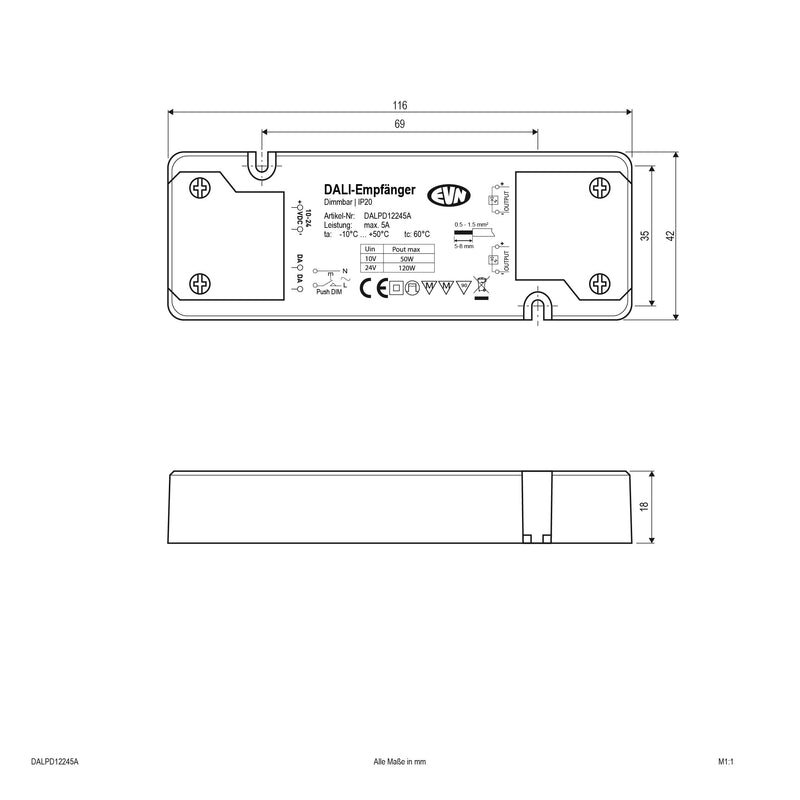 EVN Lichttechnik - Steuergerät für Leuchten DALI-LED-Steuerung DALPD12245A 10-24VDC 50-120W