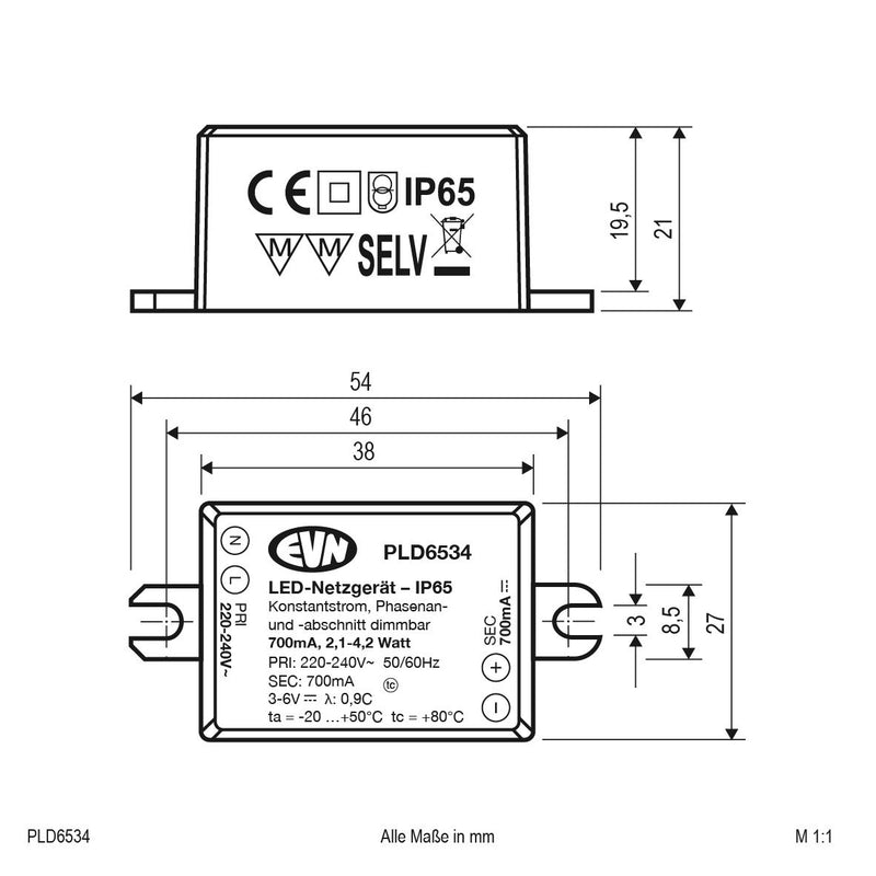EVN Lichttechnik - LED-Betriebsgerät LED-Netzgerät PLD6534 700mA 2,1-4,2W IP65