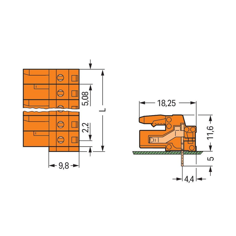 WAGO - Leiterplattensteckverbinder THT-Federleiste abgewink. 232-274 Maß 5,08mm,orange − 25 Stück