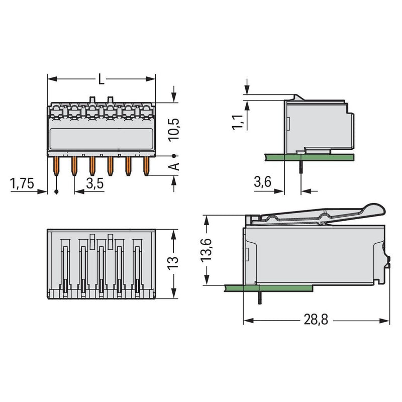 WAGO - Leiterplattensteckverbinder THR-Federleiste abgewink. 2091-1326/200-000 3,5mm,lichtgrau − 100 Stück