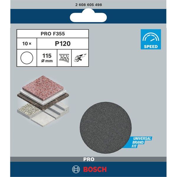Bosch - Schleifpapier/Schleifvlies PRO F355 Schleifblatt, 115 2608605498 mm, 120, 10-tlg