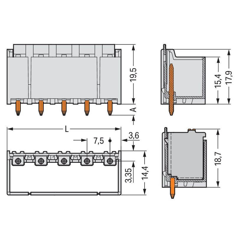 WAGO - Leiterplattensteckverbinder THR-Stiftleiste Lötstift 2092-3405/200-000 1,4mm,gerade,lgr − 100 Stück