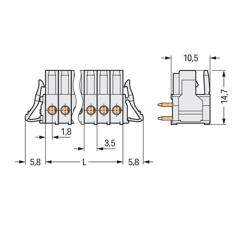 WAGO - Leiterplattensteckverbinder THT-Federleiste abgewink. 734-539/037-000 3,5mm,lichtgrau − 50 Stück