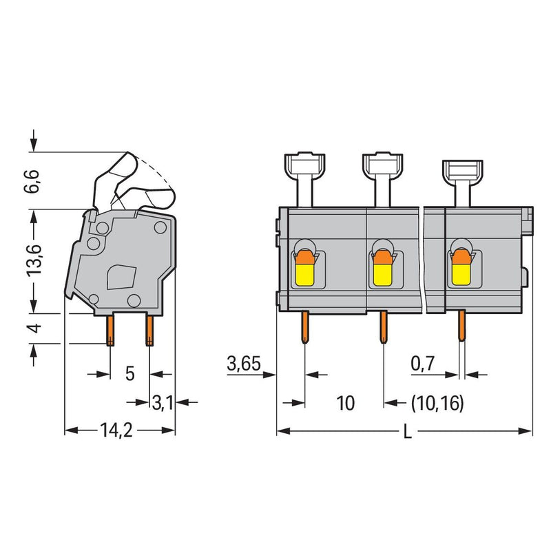 WAGO - Leiterplattenklemme 257-657 Drücker,2,5 mm²,grau − 15 Stück