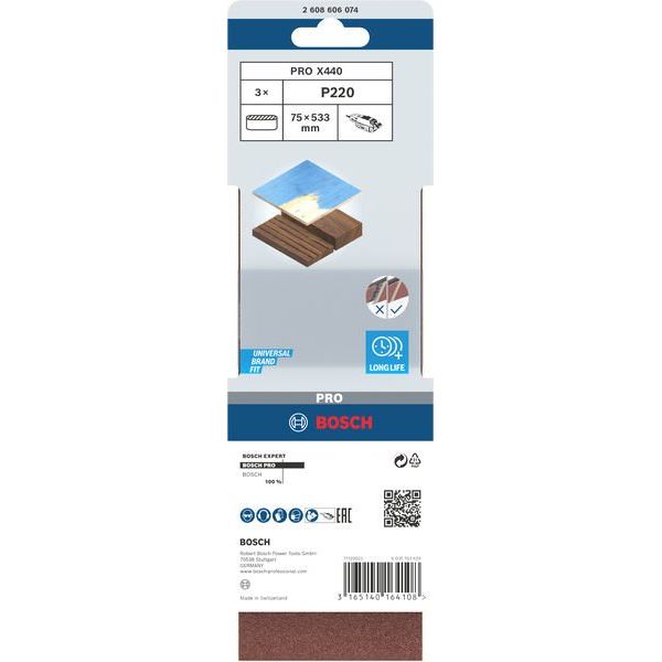 Bosch - Schleifpapier/Schleifvlies PRO X440 Schleifband, 75 x 2608606074 533 mm, 220, 3-tlg