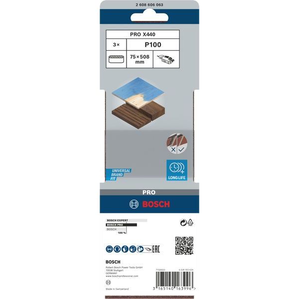 Bosch - Schleifpapier/Schleifvlies PRO X440 Schleifband, 75 x 2608606063 508 mm, G100, 3-tlg