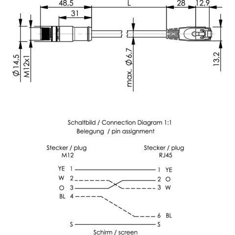 Telegärtner - Konfektionierte Leitung für steckbare Gebäudeinstallation STX M12x1-RJ45 VL 100017287 D-kod. Cat.5