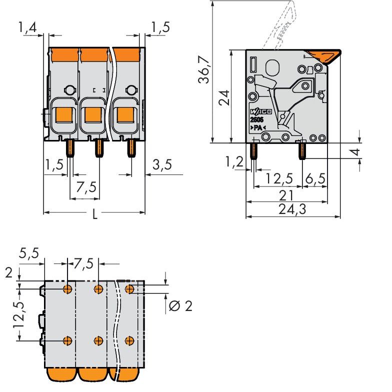 WAGO - Leiterplattenklemme 2606-1104 6mm²,gr − 60 Stück