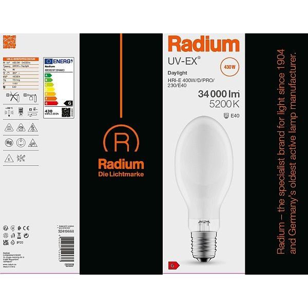 Radium Lampenwerk - Halogen-Metalldampflampe ohne Reflektor Halogenmetalldampflampe HRI-E 400WDPRO230E40