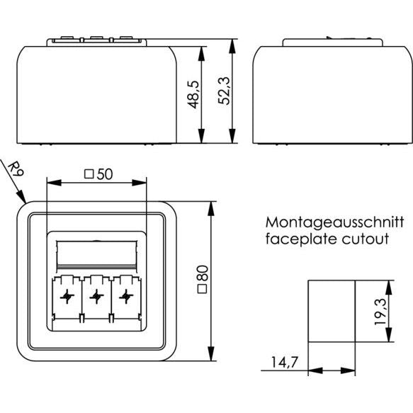 Telegärtner - Kommunikationsanschlussdose Kupfer Modulaufnahme 100021385 80x80, 3-fach AP