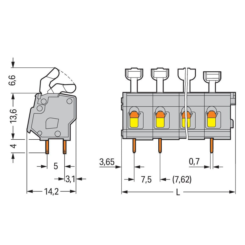 WAGO - Leiterplattenklemme 257-562 Drücker,2,5 mm²,grau − 10 Stück