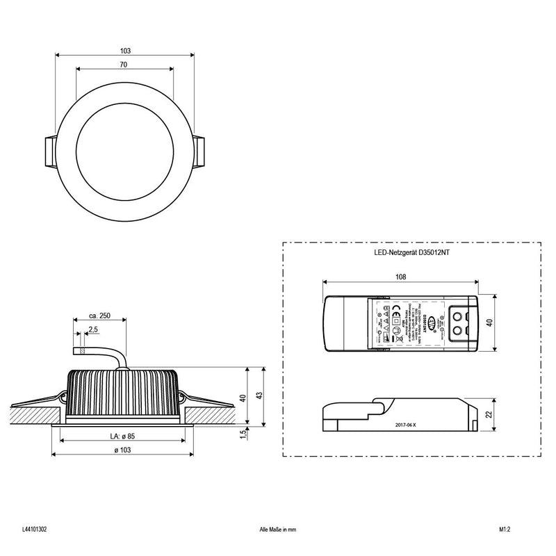 EVN Lichttechnik - Downlight/Strahler/Flutlicht LED-Deckeneinbauleuchte L44101302 chr/sat 3000K 350mA IP44