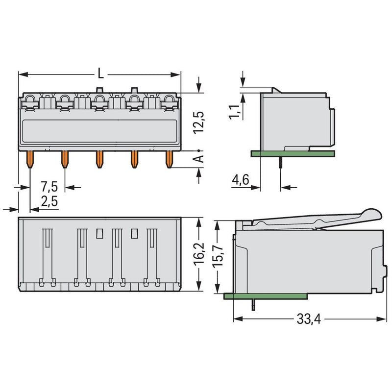 WAGO - Leiterplattensteckverbinder THR-Federleiste abgewink. 2092-3324/200-000 7,5mm,lichtgrau − 100 Stück