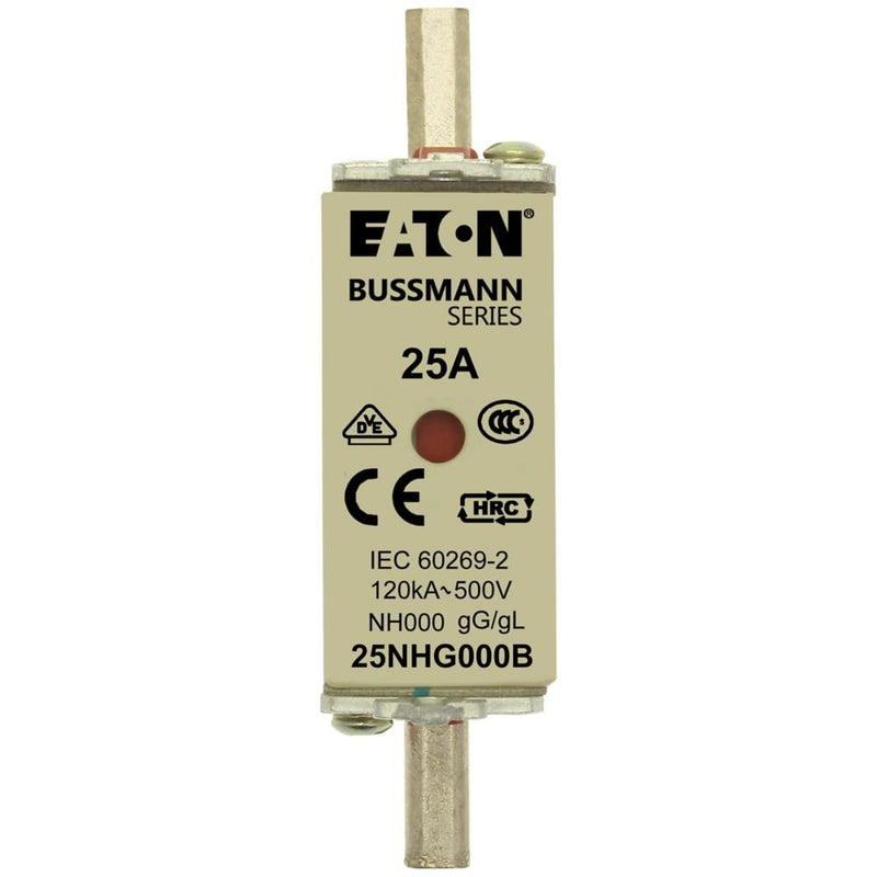 Eaton - Messersicherung Sicherungseinsatz Nieders. NH FUSE 25#25NHG000B 25A AC 500V 120kA − 3 Stück