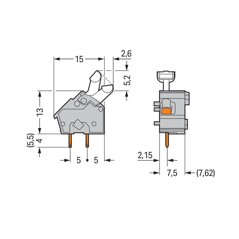 WAGO - Leiterplattenklemme Anreihbare Leiterplattenk. 256-501 Drücker,2,5mm²,gr − 100 Stück