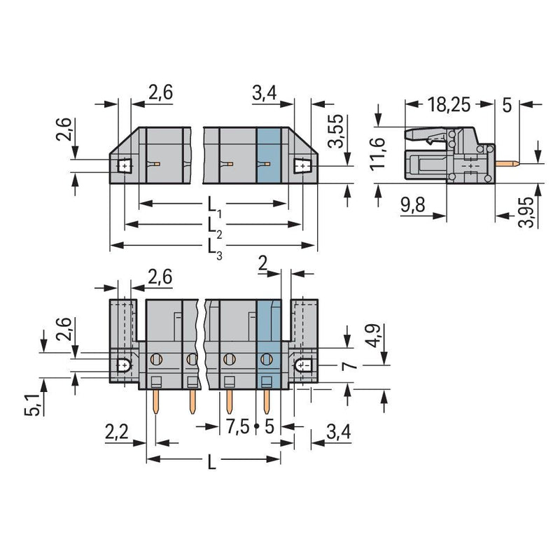 WAGO - Leiterplattensteckverbinder THT-Federleiste gerade 232-736/047-000 Maß 7,5mm,grau − 25 Stück