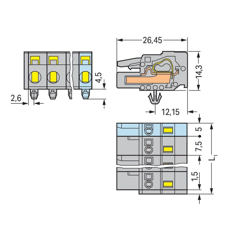 WAGO - Kabelsteckverbinder für Leiterplattensteckverbinder 1-Leiter-Federleiste 231-206/008-000 CAGECLAMP,2,5 mm²,gr − 50 Stück