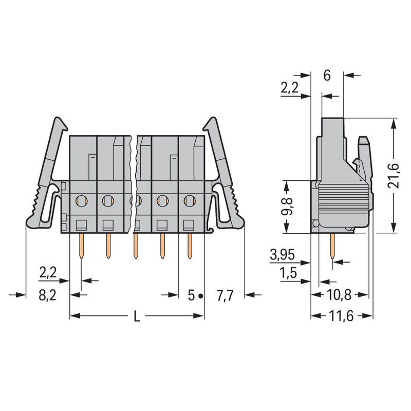 WAGO - Leiterplattensteckverbinder THT-Federleiste gerade 232-132/039-000 Rastermaß 5mm,grau − 100 Stück