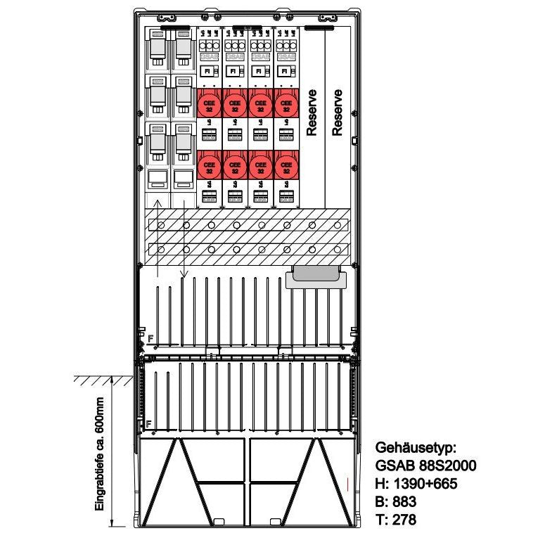 GSAB Elektrotechnik - Anschlussschrank Festplatzverteiler 882LSL2Sy432 HxBxT:1390x585x280