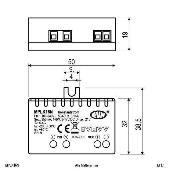 EVN Lichttechnik - LED-Betriebsgerät LED-Netzgerät MPLK16N 350mA 1-6W IP20