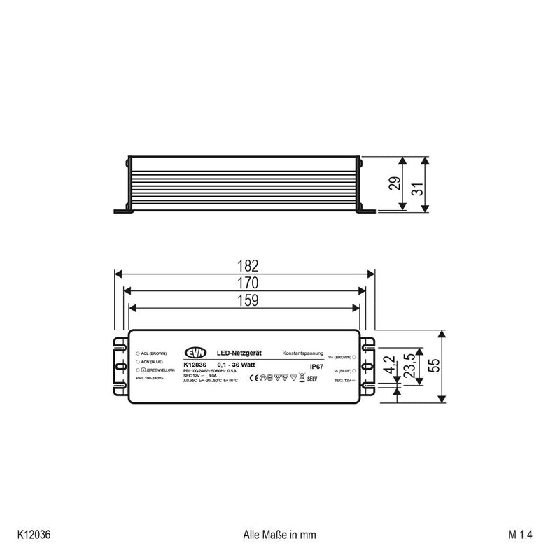 EVN Lichttechnik - LED-Betriebsgerät LED-Netzgerät K 12036 12VDC 0-36W IP67