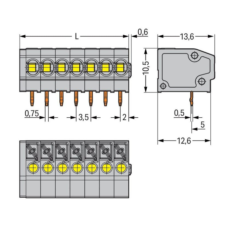 WAGO - Leiterplattenklemme 805-155 Drücker,1,5mm²,grau − 65 Stück