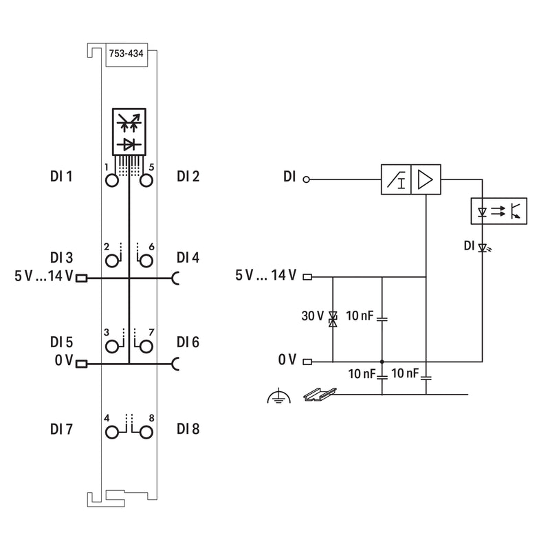 WAGO - Feldbus, Dez. Peripherie - Digitales Ein-/Ausgangs-Modul Digitale Eingangsklemme 753-434 8DI 5V/12V DC 0.2ms