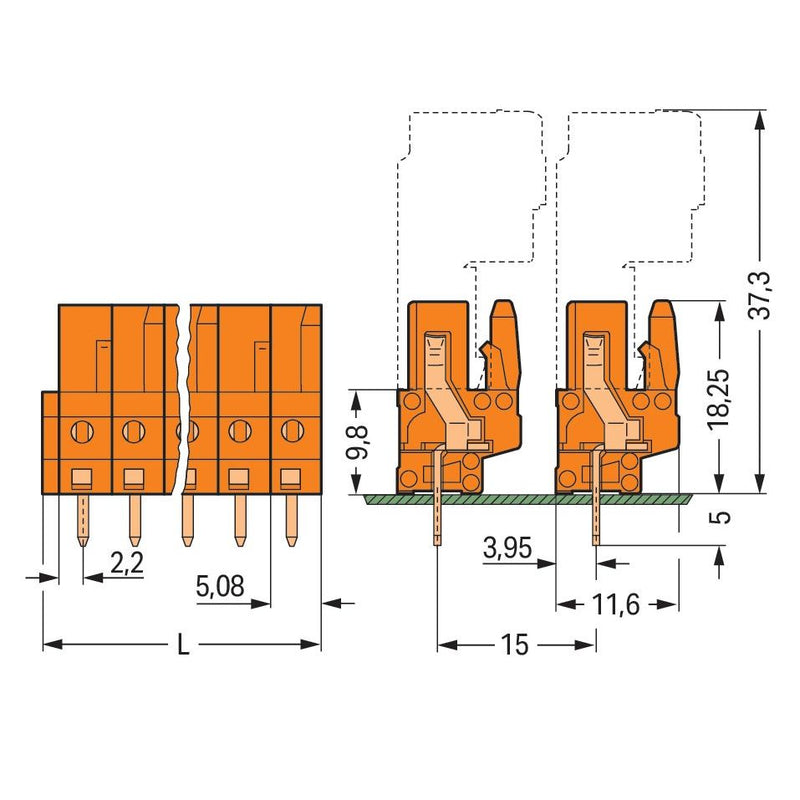 WAGO - Leiterplattensteckverbinder THT-Federleiste gerade 232-183 Maß 5,08mm,orange − 10 Stück