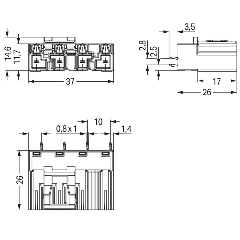 WAGO - Leiterplattensteckverbinder Stecker für Leiterplatten 770-854 4-polig,grau − 50 Stück