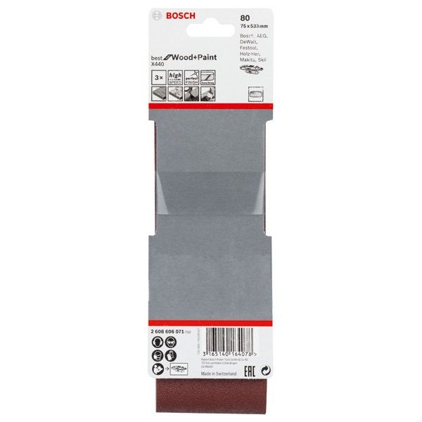 Bosch - Schleifpapier/Schleifvlies PRO X440 Schleifband, 75 x 2608606071 533 mm, 80, 3-tlg