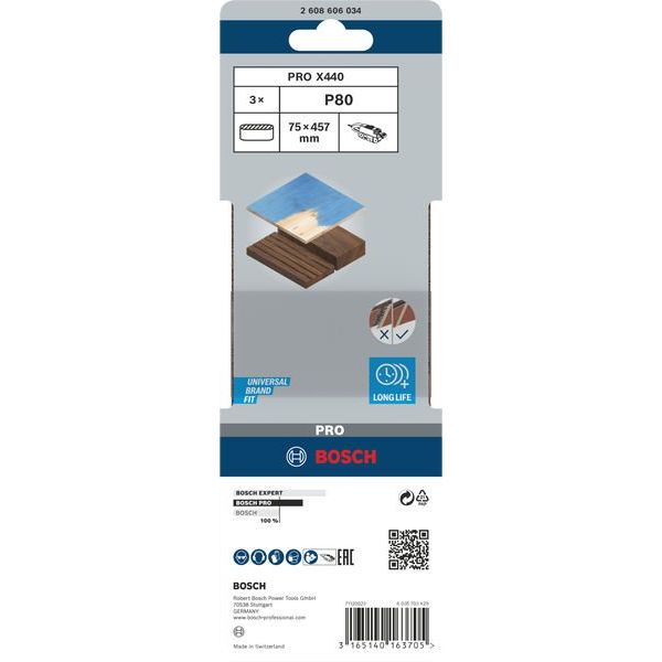 Bosch - Schleifpapier/Schleifvlies PRO X440 Schleifband, 75 x 2608606034 457 mm, G80, 3-tlg