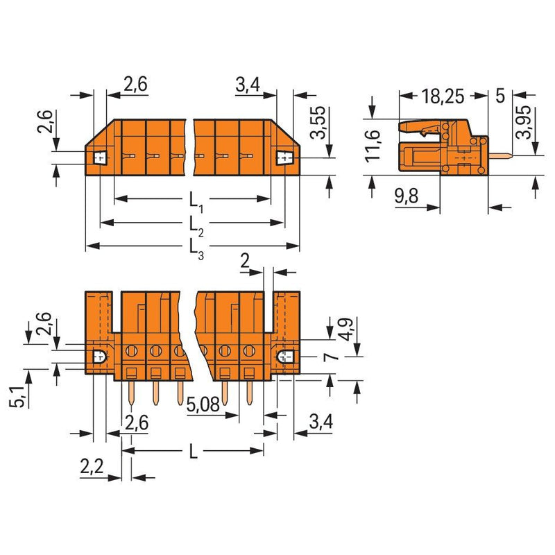 WAGO - Leiterplattensteckverbinder THT-Federleiste gerade 232-167/047-000 Maß 5,08mm,orange − 50 Stück