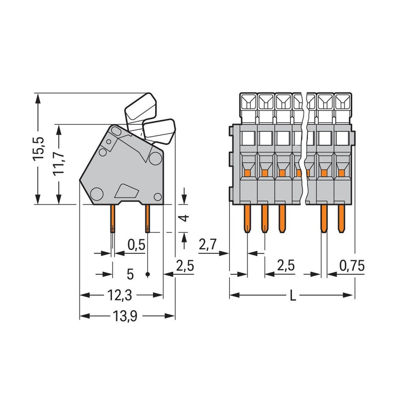 WAGO - Leiterplattenklemme 233-205 Drücker,0,5mm²,grau − 85 Stück