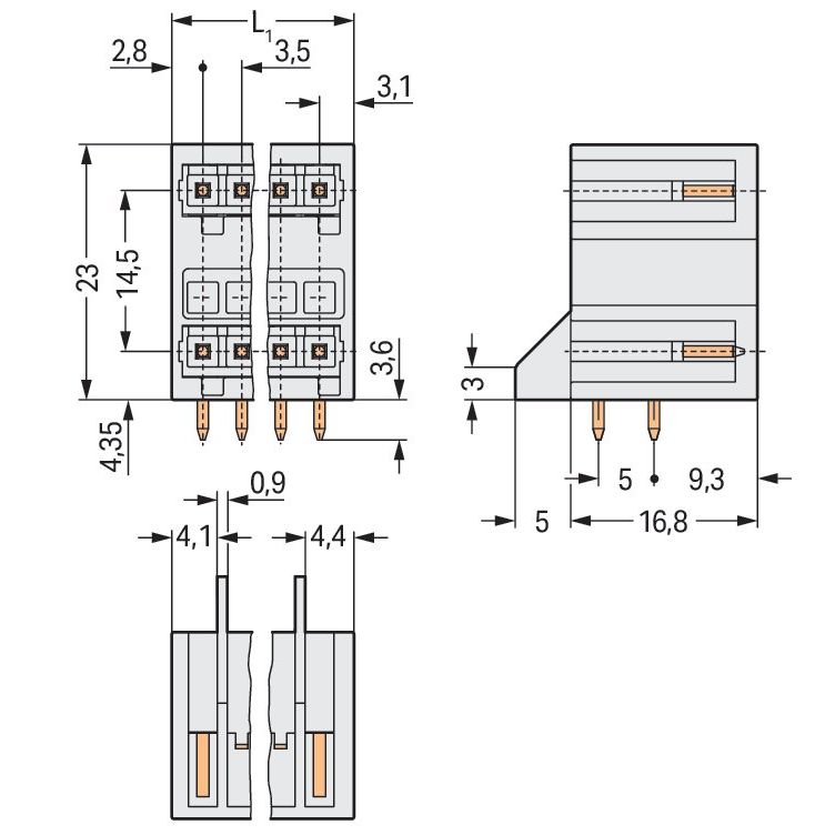 WAGO - Leiterplattensteckverbinder THT-DoppelstockStiftleiste 734-402/001-000 1,0x1,0,abgew.,lgr − 100 Stück